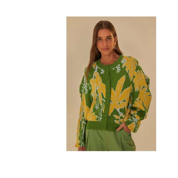 FARM Rio Sweaters - Green Foliage Sketch Knit Cardigan